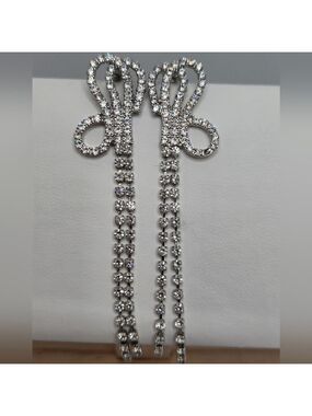 Silver 925 Rhinestone Butterfly Bow Tassel Drop Stud Earrings 3" Long